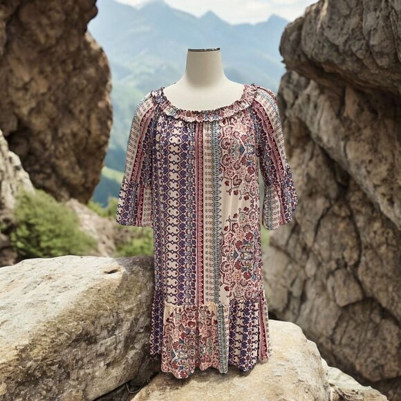 Boho Chic I.N.N.Y. Patchwork Print Dress Ruffled Neckline 3/4 Sleeves S Cottage - Picture 1 of 11